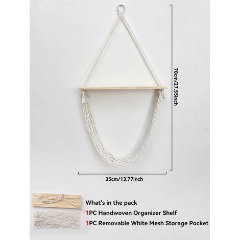 (Étagère M03569) Étagère murale bohème en macramé avec panier en filet, étagère flottante en bois pour la décoration de la maison, de la chambre au salon, et le rangement de la cuisine - Idée cadeau (1/5)