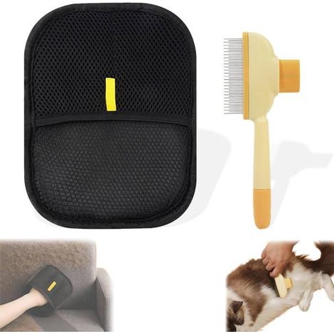 Gants de toilettage pour animaux (2 pièces) et peigne de toilettage pour chat avec bouton d'épilation (1/5)