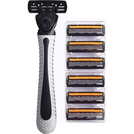 Kit de rechange de rasoir homme – 6 têtes de lame triple couche orange-noir + manche à interrupteur gris – Rasage confortable pour peau sensible (1/5)