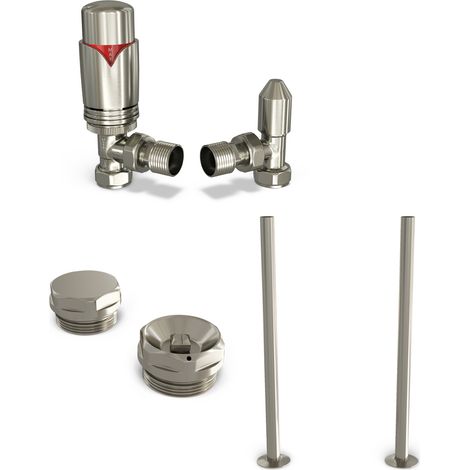Derry Bold - Thermostatic Radiator Valve & Accessory Kit - Silver Nickel Angled 15mm