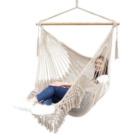Chaise Hamac Suspendue Chaise de Tissage en Corde de Coton Filé Doux, Barre d'écartement en Bois Dur Siège Large en Dentel (1/4)