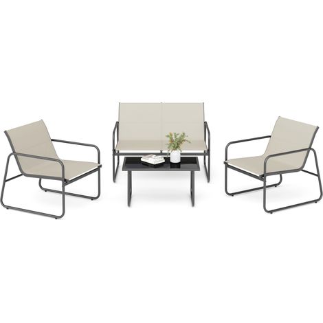 Salon de Jardin Extérieur 4 places, Mobilier Métal et Textilène avec 3 Assises et 1 Table basse, Beige, Mondeer