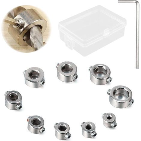 Set di 9 collari di arresto di profondità regolabili per punte da trapano, da 3 a 12 mm, per precisione e comfort di lavoro. (1/4)