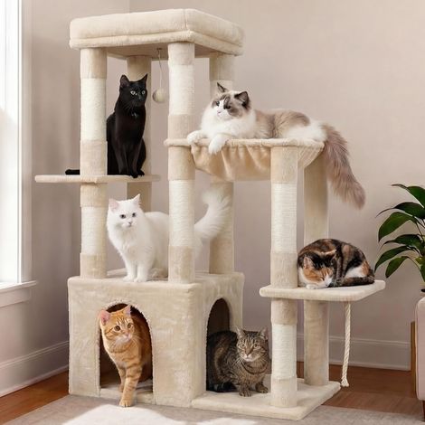 Arbre à Chat 120cm - Grande Tour pour Chats Adultes avec Base Extra Large, Maison à Chat à Niveaux Multiples avec Meubles en Peluche, Griffoir, Hamac et Jouet à Balle, Beige (1/5)
