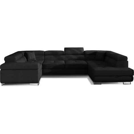 Canapé convertible panoramique TOVY velours - Rangement et têtières réglables à droite-Noir-Coffre à droite (1/5)