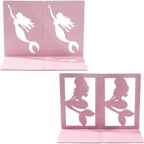 Juego de 4 sujetalibros de sirena rosas (2 pares), diseño de metal troquelado, para habitación infantil, estantería y oficina. (1/5)