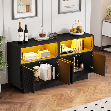 Aparador de aglomerado negro 130x35x68 cm con 4 puertas correderas de vidrio, LED y 3 niveles (1/5)