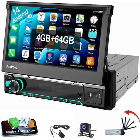 Autoradio 7" 1 DIN rabattable avec CarPlay sans fil Android Auto WIFI Bluetooth GPS 2+64G CAM MIC (1/5)