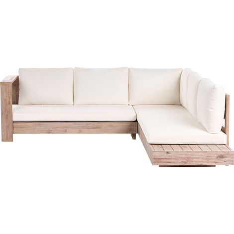 Conjunto esquinero de exterior derecho sofá y mesa auxiliar de madera de acacia certificada blanco crema Marettimo (1/5)