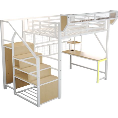 Lit mezzanine métal 140x200 avec bureau, étagères, LED, prise, échelle (1/5)