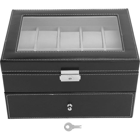 Boîte de Rangement pour Montres 20 Emplacements, Coffret à Montres Double Couche, Étui de Protection avec Couvercle (Noir) (1/5)