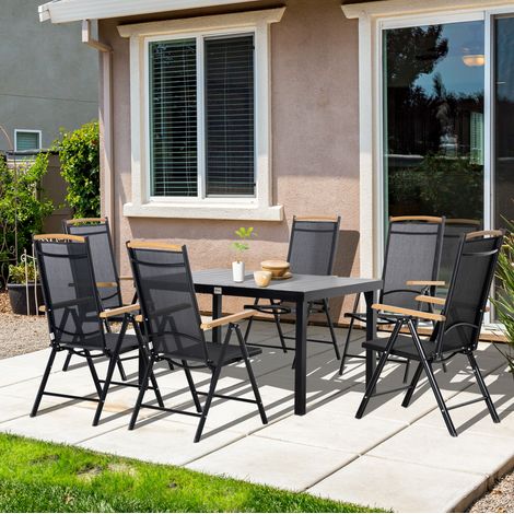 Gartenmöbel-Set Aluminium 6-Sitzer schwarz, Tisch in Holzoptik und klappbare Stühle mit 7-fach verstellbarer Rückenlehne (1/5)