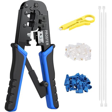 Proster RJ45 Crimping Tool Set with 30 RJ45 Cat5 Modular Data Plugs, 30 Covers, 100 6 Inch Nylon Cable Ties and Wire Stripper (1/5)