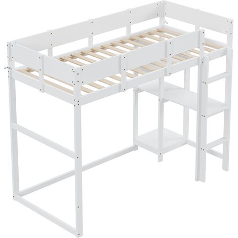 Lit mezzanine 90 x 200 cm avec étagère, bois de pin blanc (1/5)