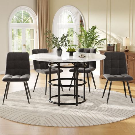 Table ronde 100 cm blanche MDF, 4 fauteuils velours gris, ensemble 5 pièces salle à manger cuisine