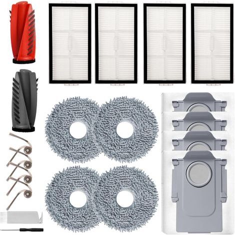Zubehör für den Roborock Saros 10R Saugroboter: Ersatzteile, 2 Hauptbürsten, 4 Seitenbürsten, 4 HEPA-Filter, 4 Reinigungstücher, 4 Staubbeutel, 1 Reinigungsbürste, 1 Schraubendreher
