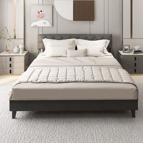COSTWAY Estructura de Cama Tapizada, 200 x 180 cm, Marco de Cama con Cabecero Acolchado, Somier de Láminas de Madera Carga 450kg (1/5)