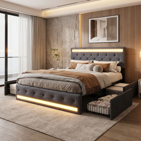 Cama con cajones 160x200 cm - Cama para adultos con iluminación LED RGB, somier de láminas, puertos USB/USB-C y 4 cajones de almacenaje - Lino, gris (1/5)