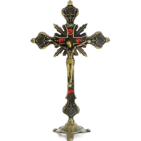 Crucifix sur pied en métal - Croix catholique à poser pour décoration d'intérieur ou autel - 23 cm (1/5)