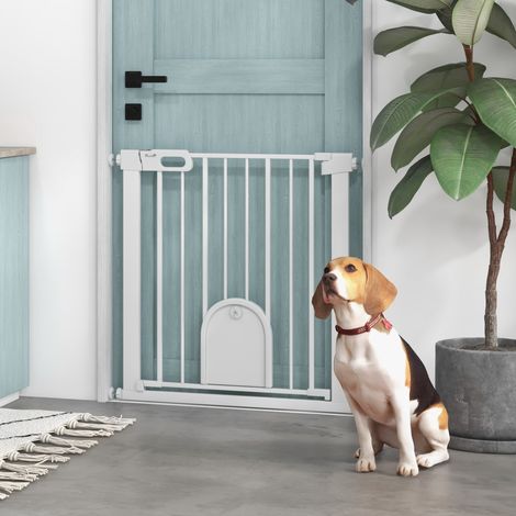 Barrière pour animaux réglable avec petite porte, métal, plastique, blanche
