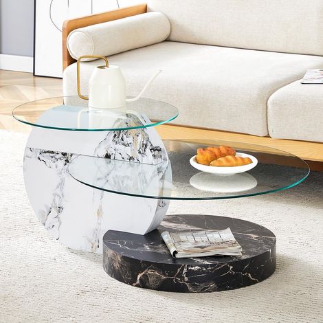 Table basse minimaliste moderne à deux niveaux en verre de sécurité, design à plusieurs niveaux, ,avec une finition effet marbre noir et blanc