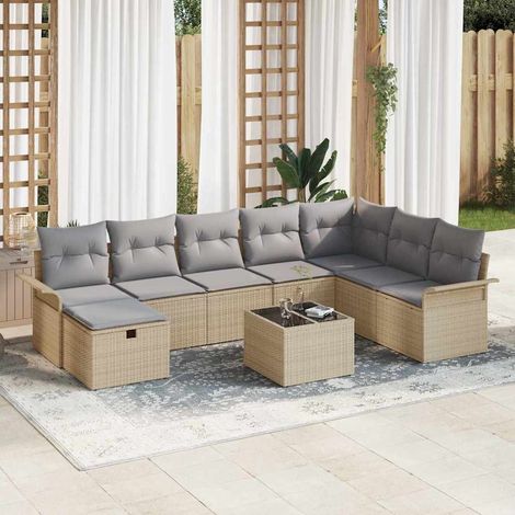 Gartensofa-set mit Kissen 9 pcs Beige und Hellgrau Poly-Rattan (1/5)