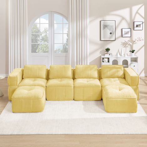 Canapé modulaire en U 4 places, canapé d'angle sans cadre avec 2 poufs, canapé nuage en polyester, mousse haute densité 32D, assise profonde antidérapante, sans montage, 344 x 162 x 67 cm, Jaune
