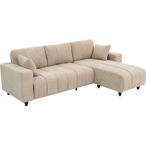 Canapé d'angle réversible, canapé 3 places avec méridienne, 2 oreillers, cadre en acier, 242x156x87cm, beige (1/5)