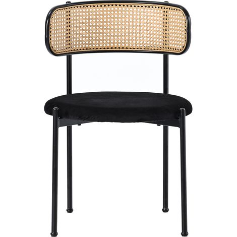 Fauteuil de salle à manger en velours, lot de 6, design moderne et décontracté, avec piètement métallique à quatre pieds, chaise en rotin pour salon et chambre, noir (1/5)
