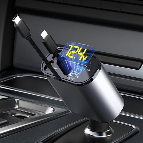 Chargeur de voiture rétractable, chargeur rapide 4 en 1 pour téléphone de voiture, câbles rétractables (0,8 m) et 2 ports USB. Adaptateur de chargeur de voiture compatible avec iPhone 16/15/14/13/12/1 (1/4)