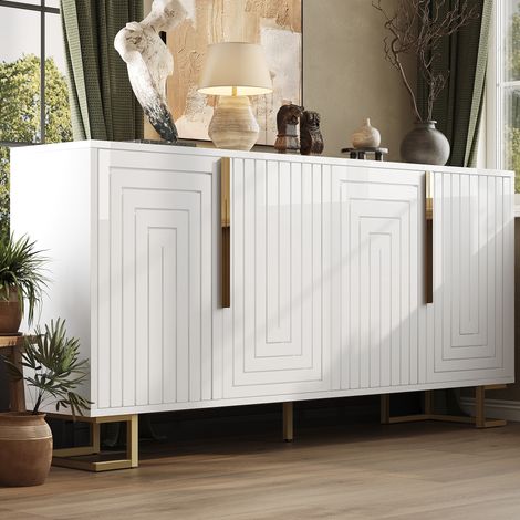 Credenza in MDF bianco 152x40x75 cm, 2 ante con design geometrico, 4 vani, piedini in metallo e dispositivo antiribaltamento (1/5)