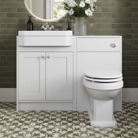 1120mm Bathroom Vanity Unit BTW Toilet Basin Freestanding Soft Close Traditional Chrome Handles, White (1/5)