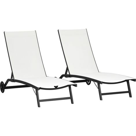 Set di 2 lettini prendisole in alluminio e textilene con ruote, schienale reclinabile, portata massima 150 kg, colore crema.