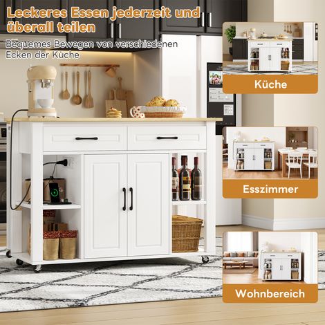 Îlot de cuisine mobile extensible 120cm avec plan de travail, 2 tiroirs et 2 portes à étagères pour cuisine et salon