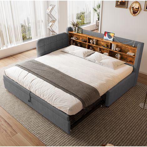 Letto daybed rétro 90x200 cm in lino grigio, estraibile fino a 180x200 cm, testiera con USB e Tipo-C, vani portaoggetti (1/5)