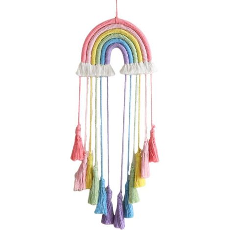 Décoration murale en macramé arc-en-ciel – Tenture murale en coton tissée à la main avec pompons pour la chambre de bébé, la chambre d'enfant et comme décoration intérieure (arc-en-ciel rose) (1/5)
