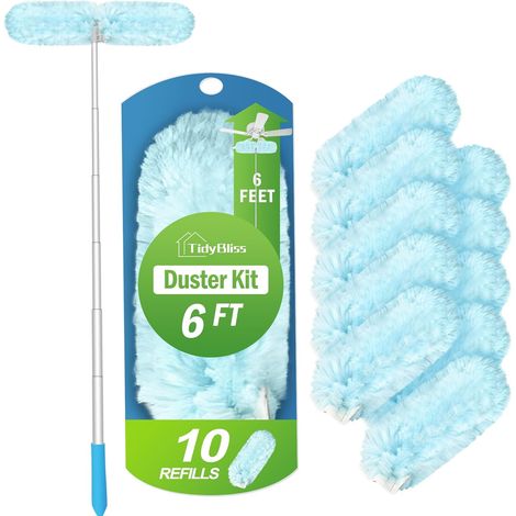 Plumeau Poussiere Telescopique, Kit Duster à Manche Allongé 168 cm avec 10 Recharges, Ultra Résistantes Microfibre Plumeau à 360 Degrés pour Plafond Ventilateur Mural (1/5)