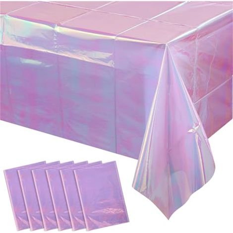 Six nappes en plastique violet clair nacré, nappes rectangulaires jetables découpées au laser, décorations de fête, dimensions : 54 x 108 pouces. (1/5)