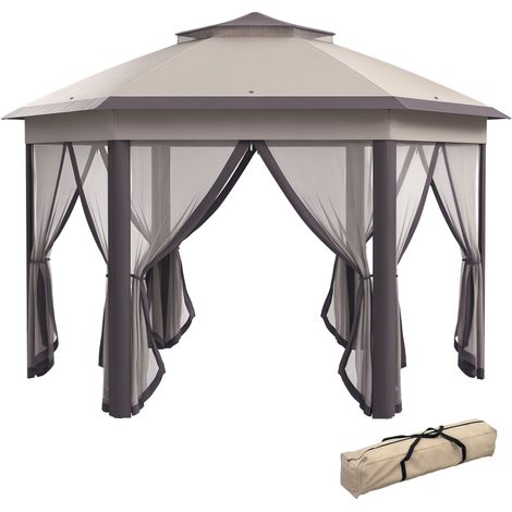 Sechseckiger Faltpavillon (4x4 m), wasserdicht, Doppeldach mit 6 Seitenwänden, faltbares Partyzelt für Garten, Terrasse und Veranstaltungen im Freien, sandbeige