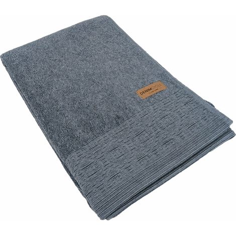 Drap de douche pur coton 70x140cm DENIM à bordure géométrique bleu (1/5)
