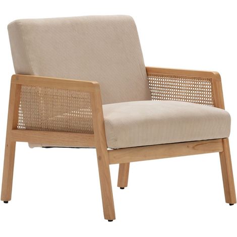 Fauteuil bois accoudoir cannage rotin assise et dossier en velours côtelé beige - BRADY (1/5)
