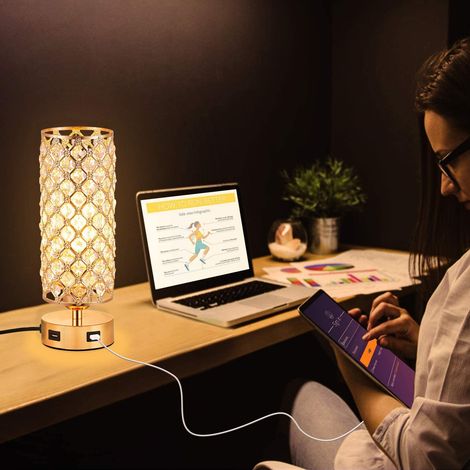 Lampe de Chevet Cristal, Lampe de Table Tactile Dimmable avec 2 Ports Charge USB, Mode Créatif Lampe de Table or, pour la Commode de Bibliothèque Salon Chambre Hôtel