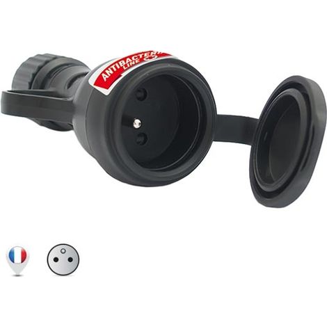 Presa francese std. 2P+E 16A corpo nero IP44 con coperchio in gomma HI-PRO Antibatterica by Biocote contro il 99% dei virus Fanton 81034AB