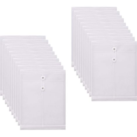 Enveloppes transparentes format A4/Lettre en polyéthylène avec fermeture à ficelle, ouverture sur le dessus, lot de 20, fond à soufflet extensible (1/5)