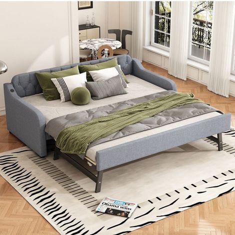 Lit gigogne - SINGULARITY - 90x200 cm - Lin+MDF - Port USB - Sommier à lattes