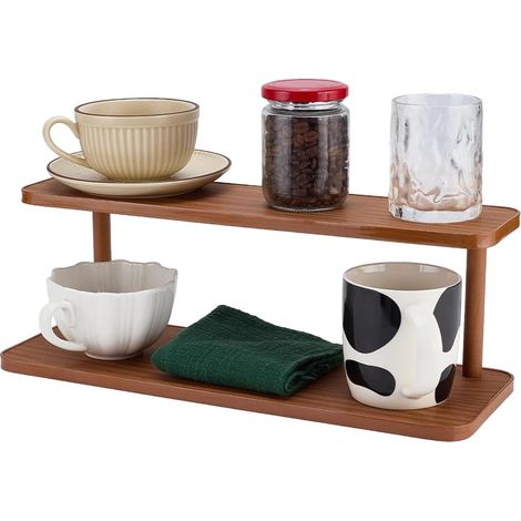 Petite étagère de bureau en bois 40 x 14 x 14,5 cm - Organiseur de bureau aspect rotin - Organiseur de table à matcha - Support de couvercle pour thé, café, bar à matcha (1/5)