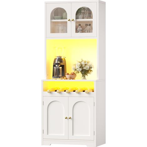 CHICFURN Buffet haut de cuisine 180 cm blanc avec LED RGB pilotée par appli, portes vitrées galbées, range-bouteilles, étagères réglables et anti-basculement (1/5)