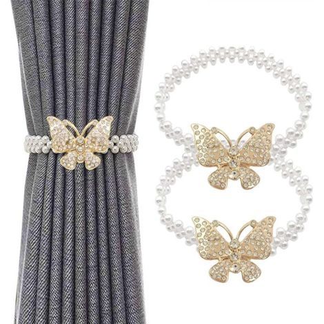 [JAMAIS UTILISÉ] Embrasses de rideaux dorées et argentées en forme de papillon avec perles et boucle en métal, idéales pour le salon et la chambre à coucher,Or (1/4)