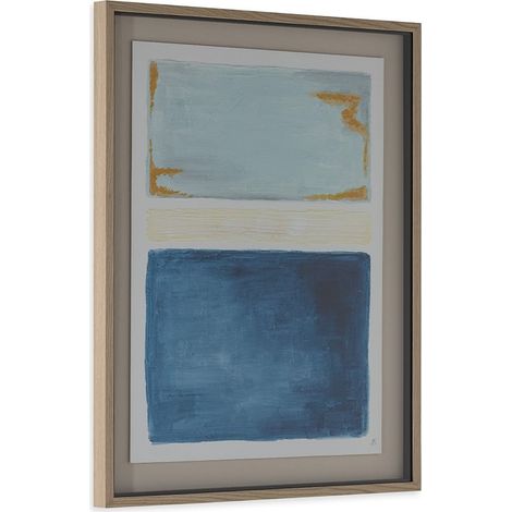 Tableau abstrait bleu encadré en bois - Bleu, blanc et doré (1/4)