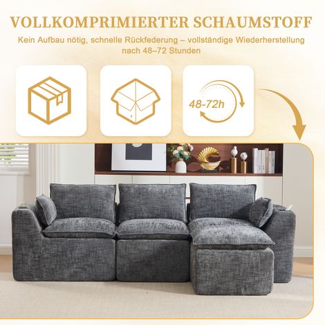 Canapé d'angle modulable 3 places gris chenille avec pouf, coussins, porte-verres et rangements latéraux. Mousse et ressorts intégrés, parfait pour séjour ou salon. (1/5)